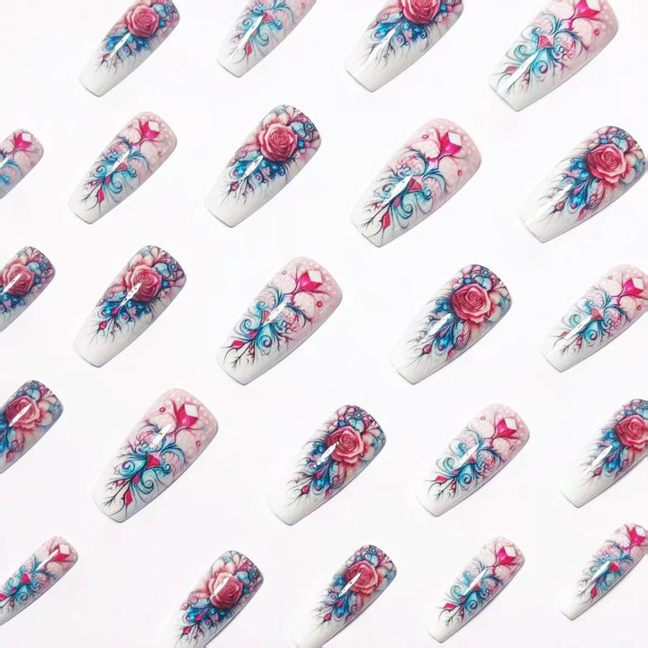 Elegant rose design artificial nails with glitter accents Kalsten
