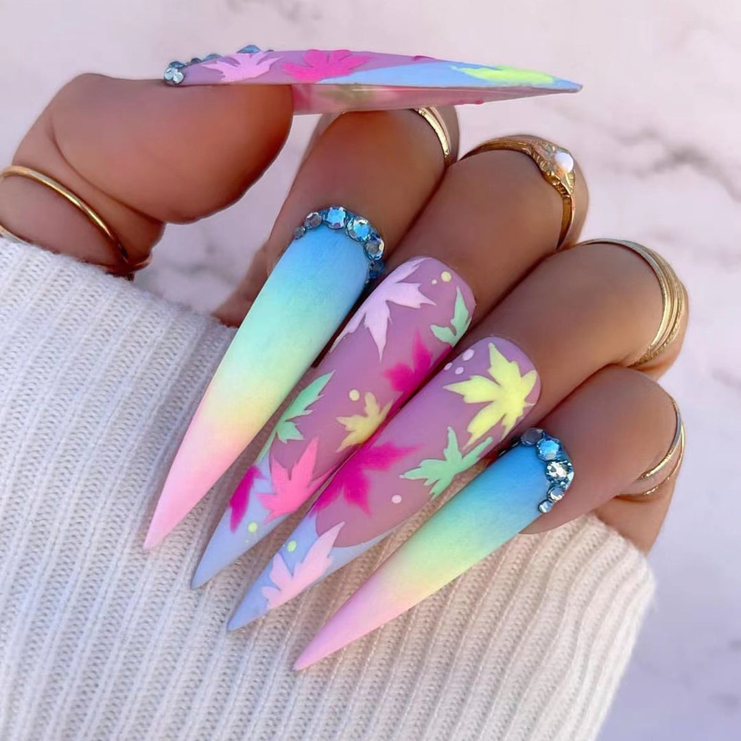Floral Leaf-Designed Stiletto Press-On Nails Kalsten