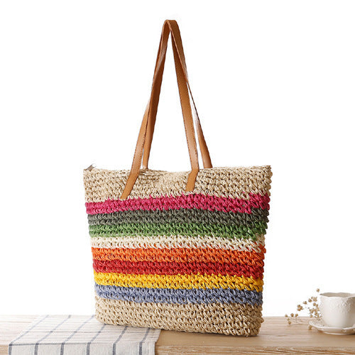 Handwoven raffia tote bag with colorful stripes Kalsten