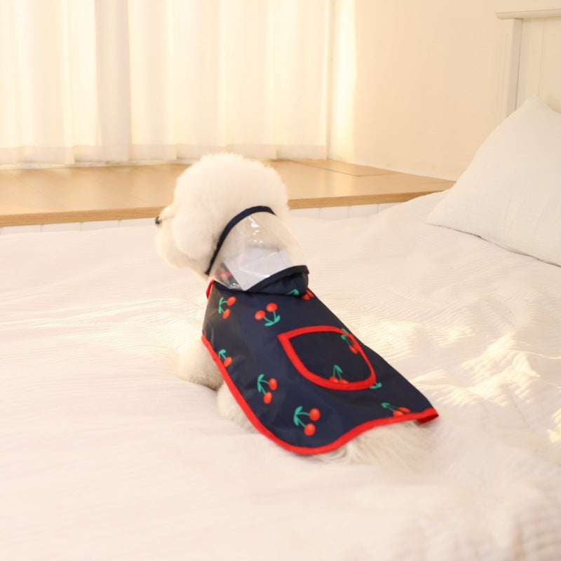 Waterproof Cherry-Print Hooded Dog Raincoat with Clear Visor and Front Pocket