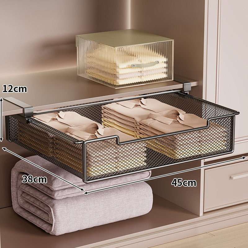 Pull-Out Under-Shelf Ventilated Metal Mesh Storage Drawer for Wardrobe and Closet Organization