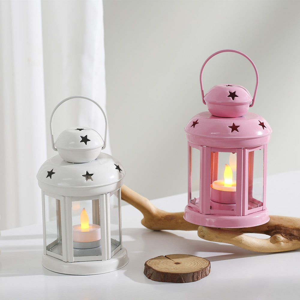 Hexagonal Glass-Paneled Metal Tealight Lantern with Star Vent Cutouts Kalsten