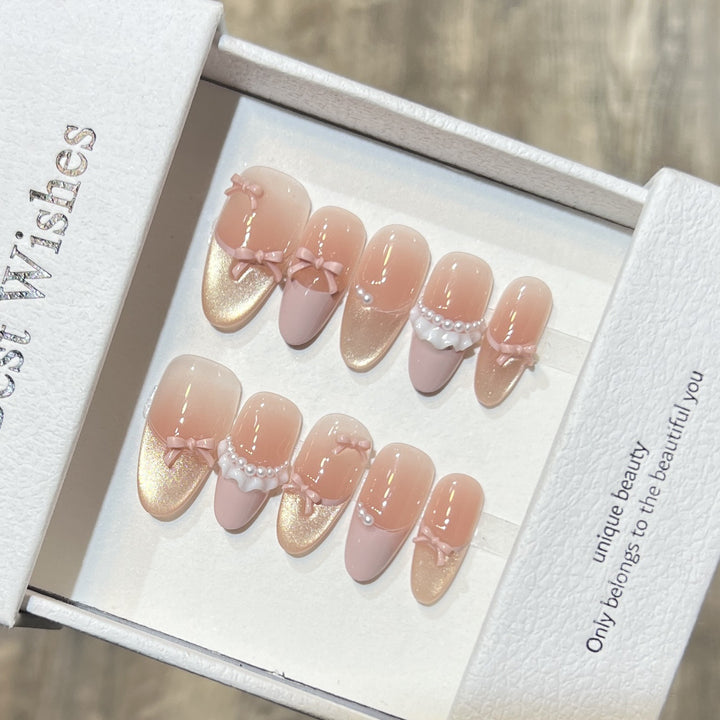 Elegant Press-On Nail Art Set with Pearl and Bow Accents Kalsten