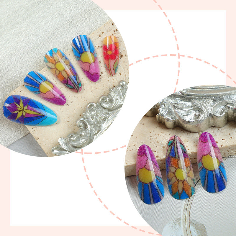 Artistic Press-On Nail Art Set with Floral and Geometric Patterns kalsten