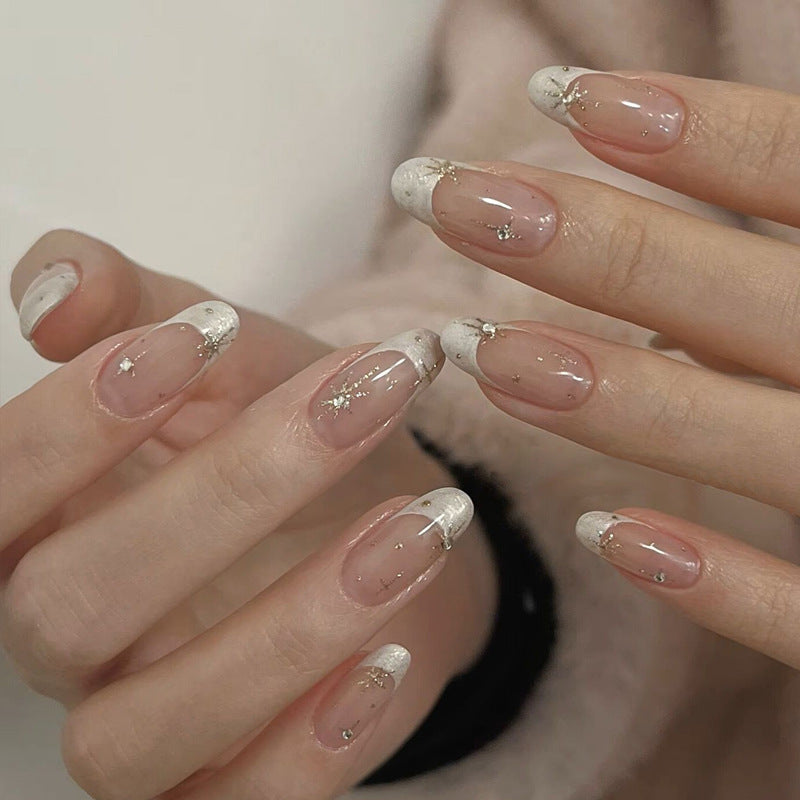 Elegant French Tip Press-On Nail Set with Glitter Accents Kalsten