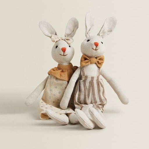 Handcrafted Floppy-Eared Linen Bunny Doll with Embroidered Face and Check Overalls