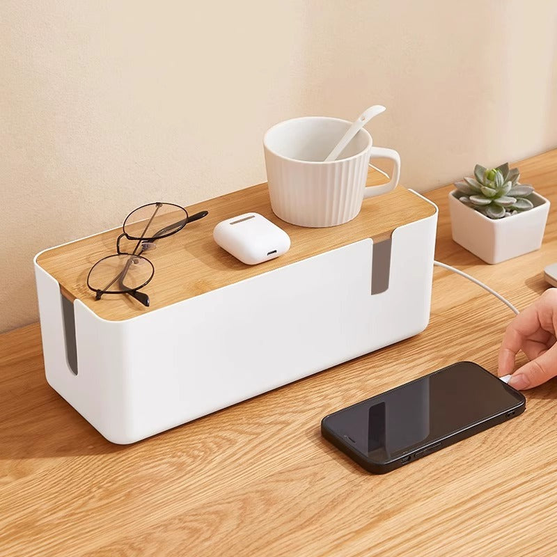 Cable storage box with bamboo lid and socket concealment