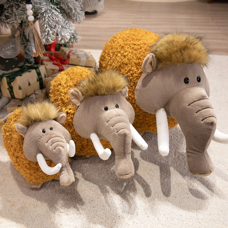 Round Woolly Mammoth Plush Cushion Toy with Curly Faux-Fur & Soft Trunk Kalsten