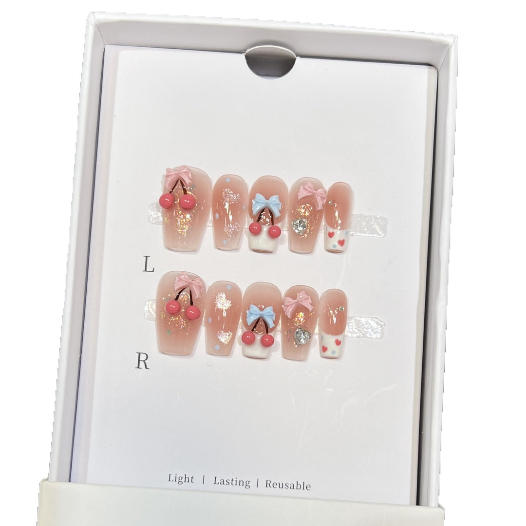 Playful Cherry-Themed Press-On Nail Art Set Kalsten