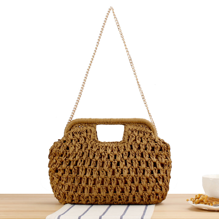 Beach Shoulder Bag Made of Natural Weave with Elegant Chain Decoration Kalsten