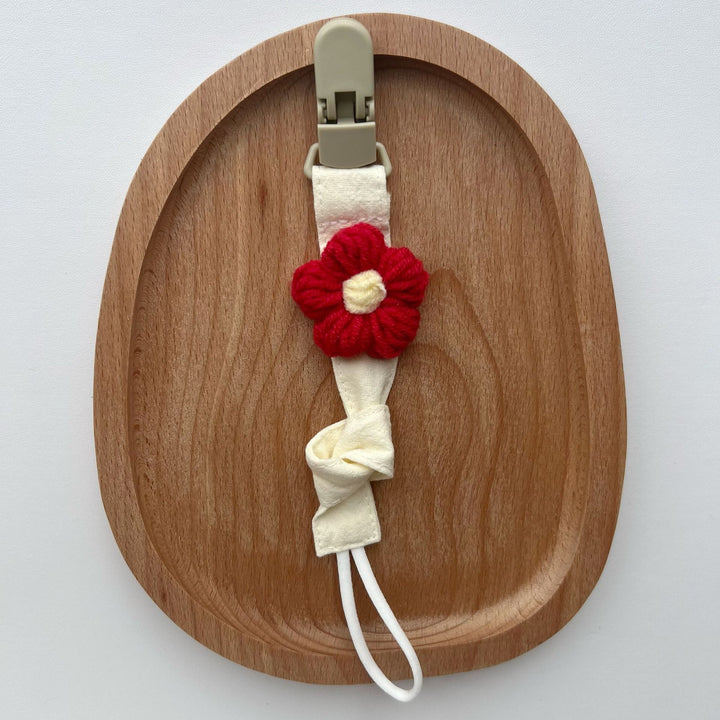 Handmade Cotton Pacifier Clip with Gingham Strap and Knitted Flower