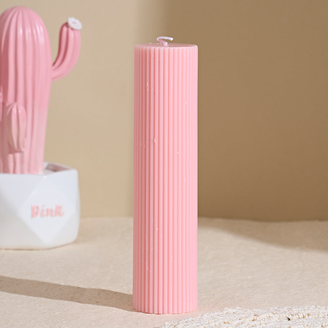 Textured Ribbed Short Pillar Candle with Slow-Burn Wax