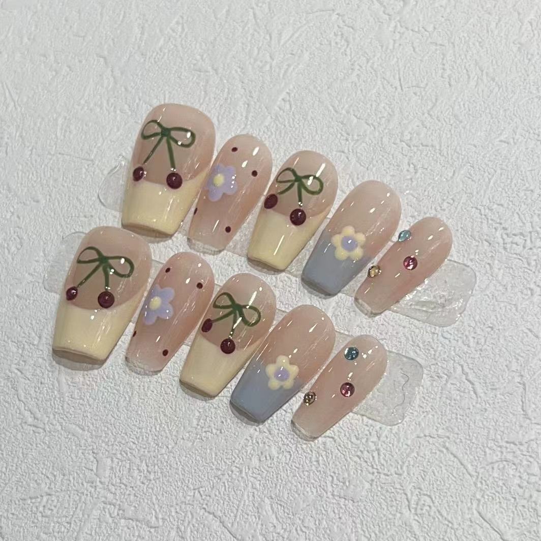 Charming Decorative Press-On Nail Set with Cherry and Floral Designs Kalsten