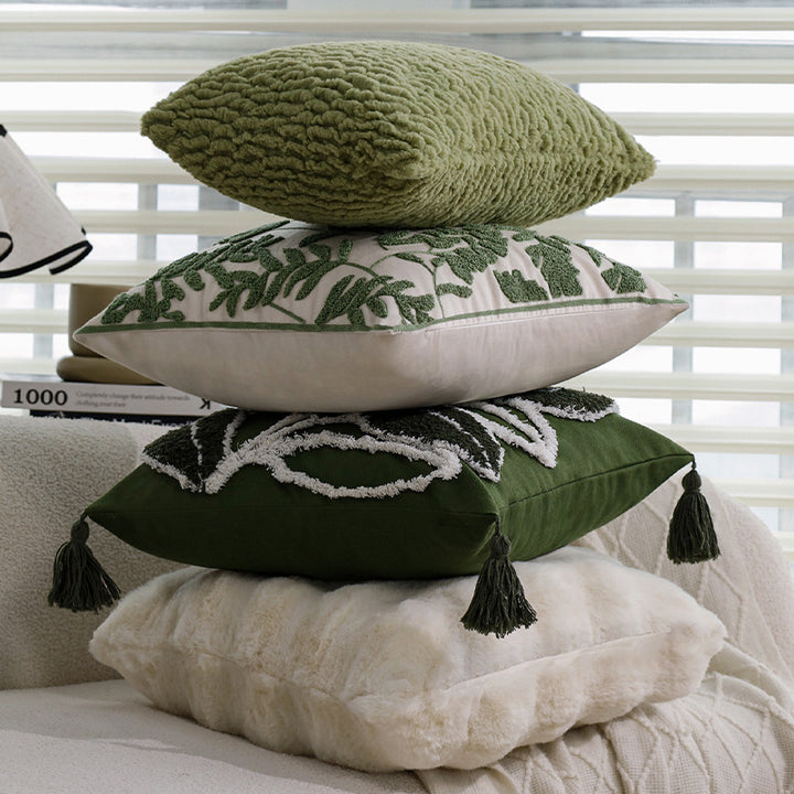 Square decorative cushion with raised leaf tufting and tassels Kalsten
