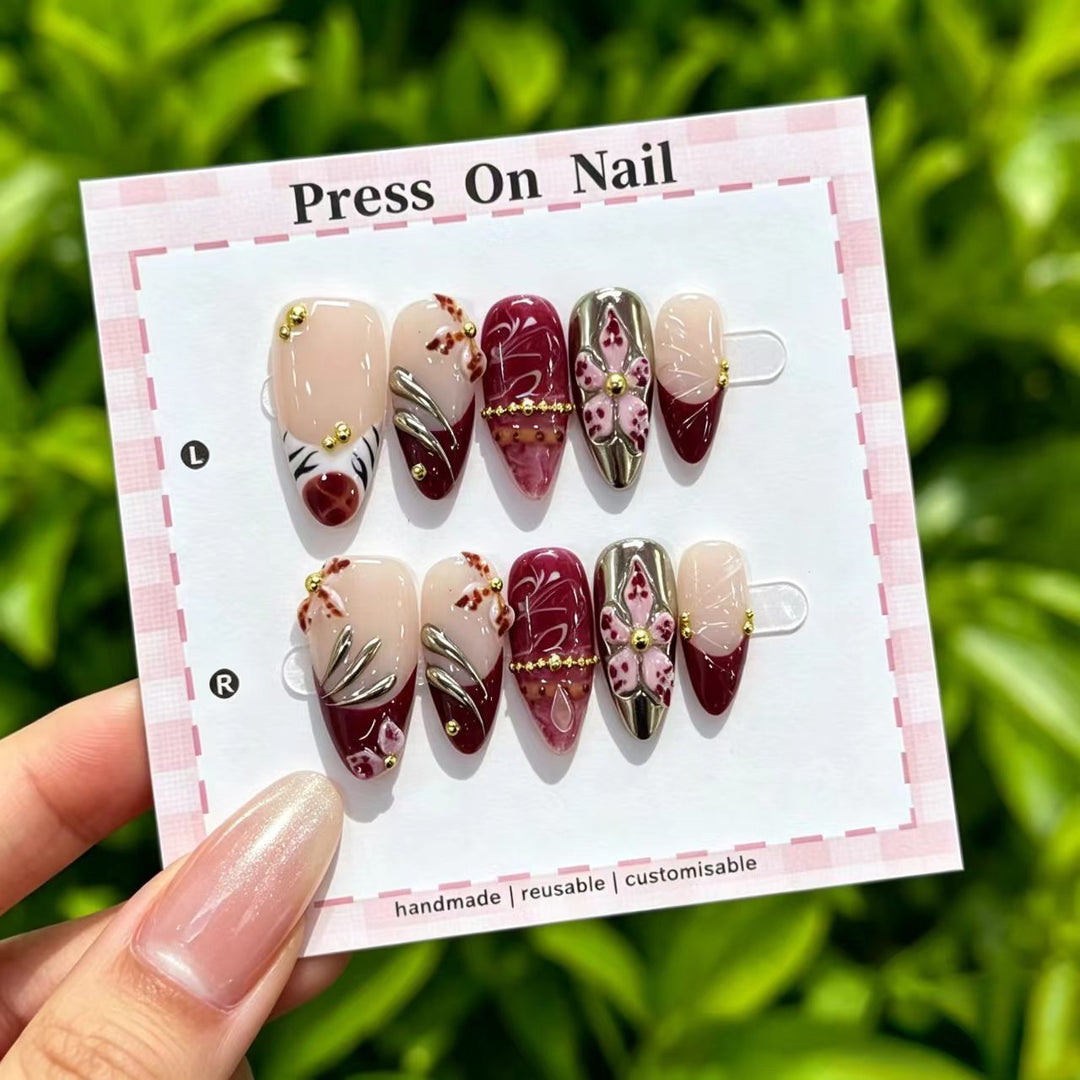 Artistic Cherry-Inspired Press-On Nails