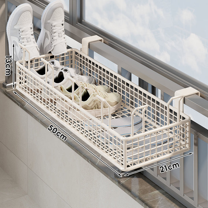 Window-Rail Hanging Shoe Storage Basket with Ventilated Grid and Adjustable Clamp Hooks