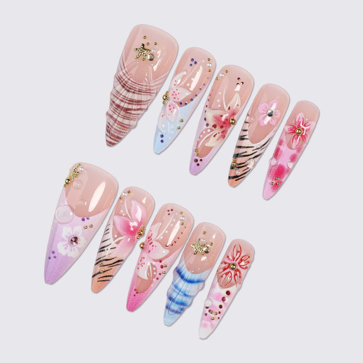 Artistic Press-On Nail Set with Floral and Gemstone Accents kalsten
