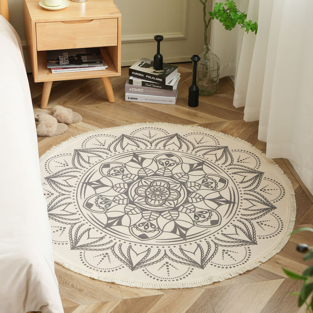Beef Boho Cotton Rug with Mandala Print and Fringe Edge