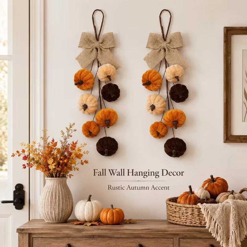 Autumn hanging pumpkin garland made of velvet with jute ribbon