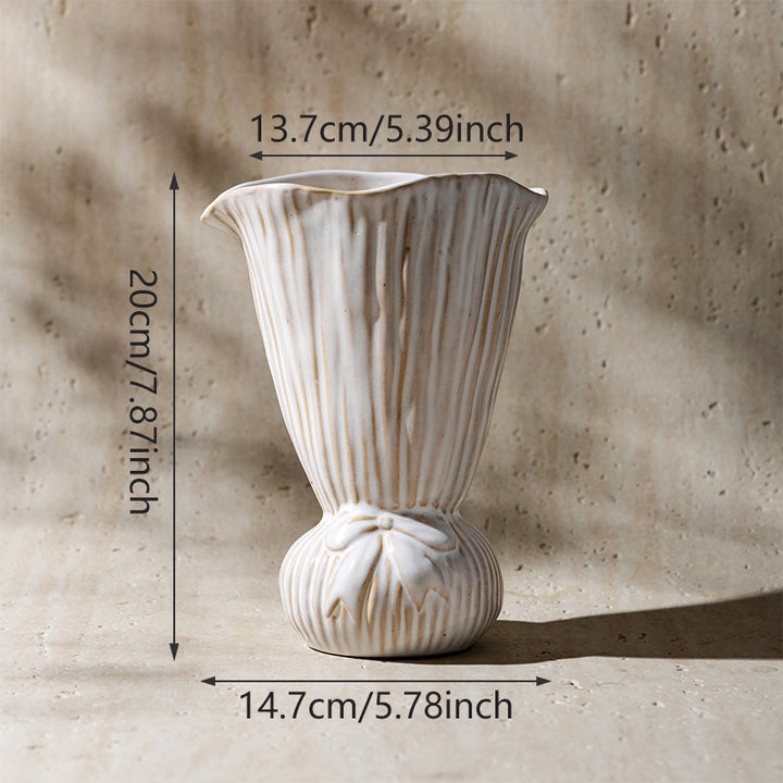 Hand-glazed Ribbed Woven Ceramic Decorative Vase with Sculpted Ball Base