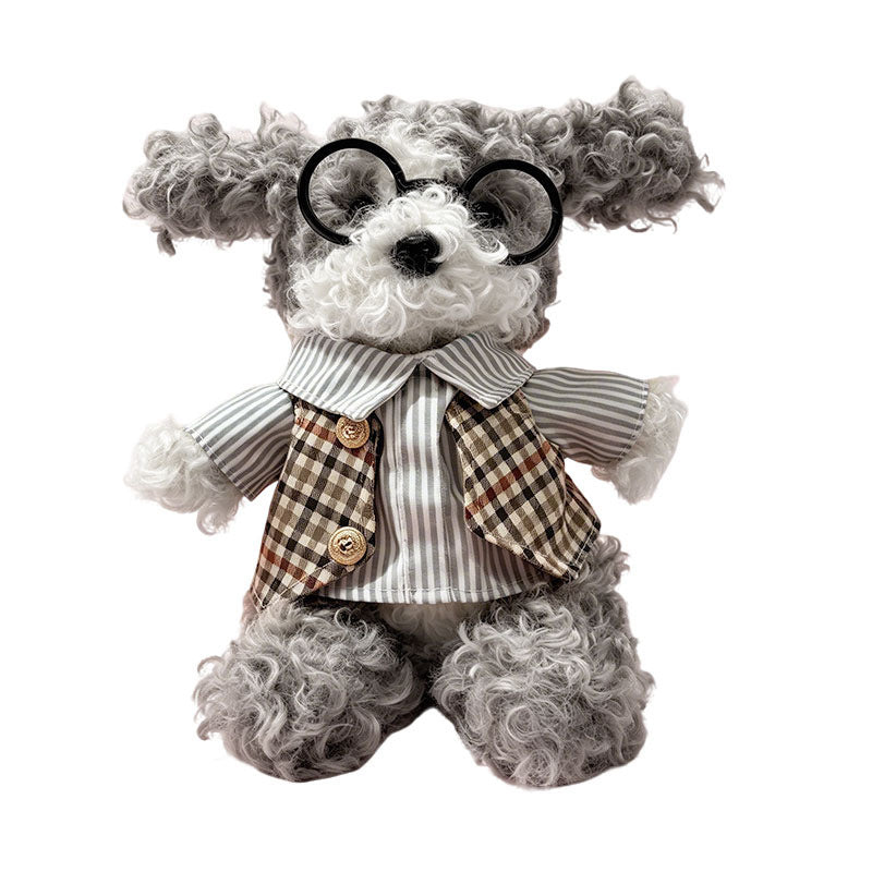 Curly-Fur Sitting Puppy Plush with Round Glasses & Plaid 'LOVE' Bandana Kalsten