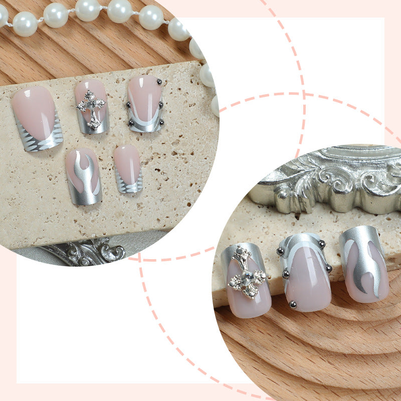 Decorative Press-On Nail Art Set with Stylish Marble and Gem Accents kalsten