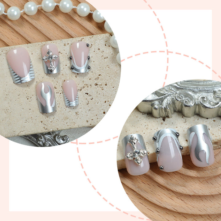 Decorative Press-On Nail Art Set with Stylish Marble and Gem Accents kalsten