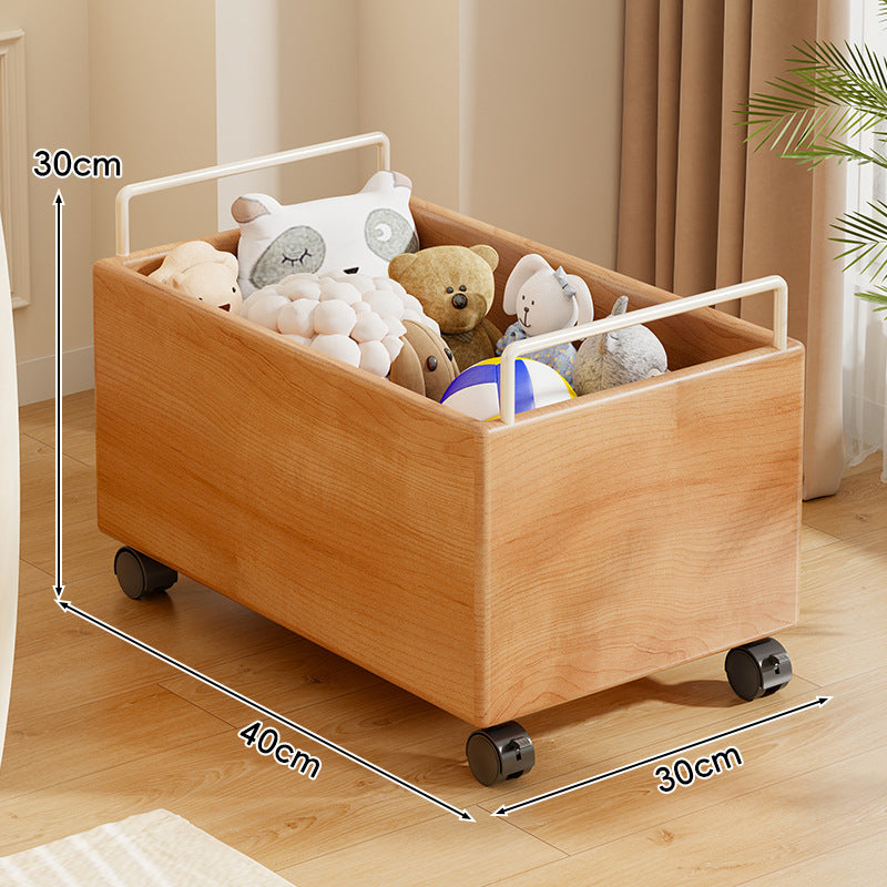 Solid Wood Rolling Toy Storage Box with Metal Handles and Quiet Casters