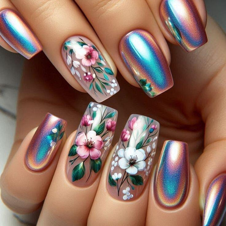 Artificial nails with elegant floral designs and holographic effect Kalsten