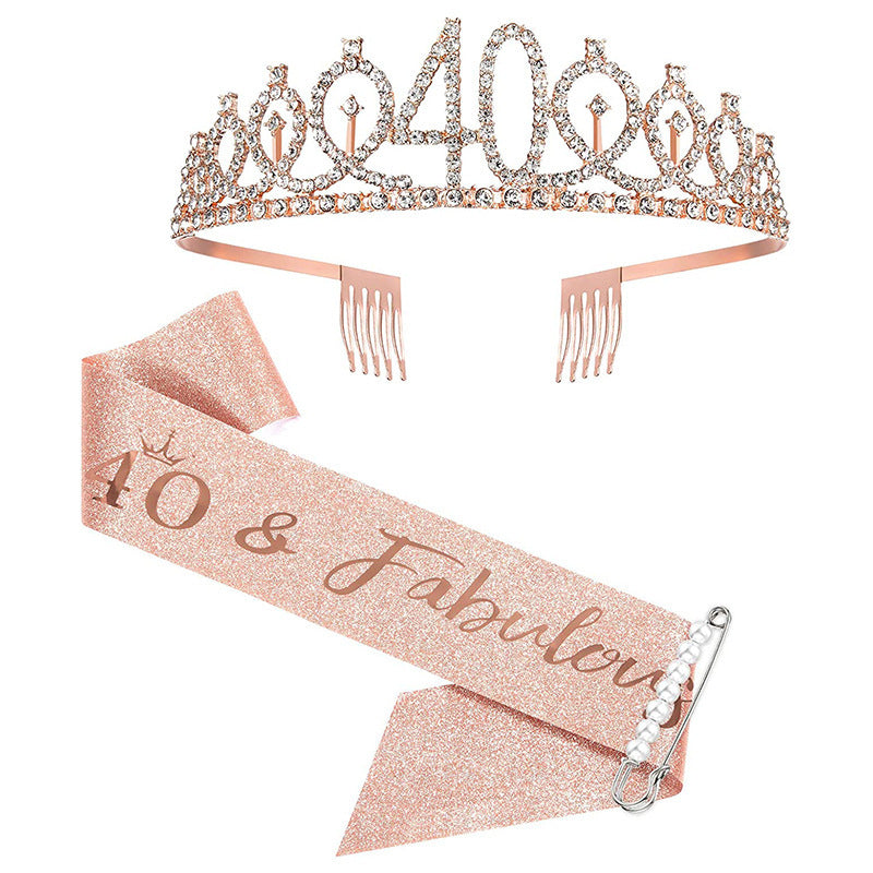 Women Crystal-Embellished Birthday Crown with Personalized Sash Kalsten