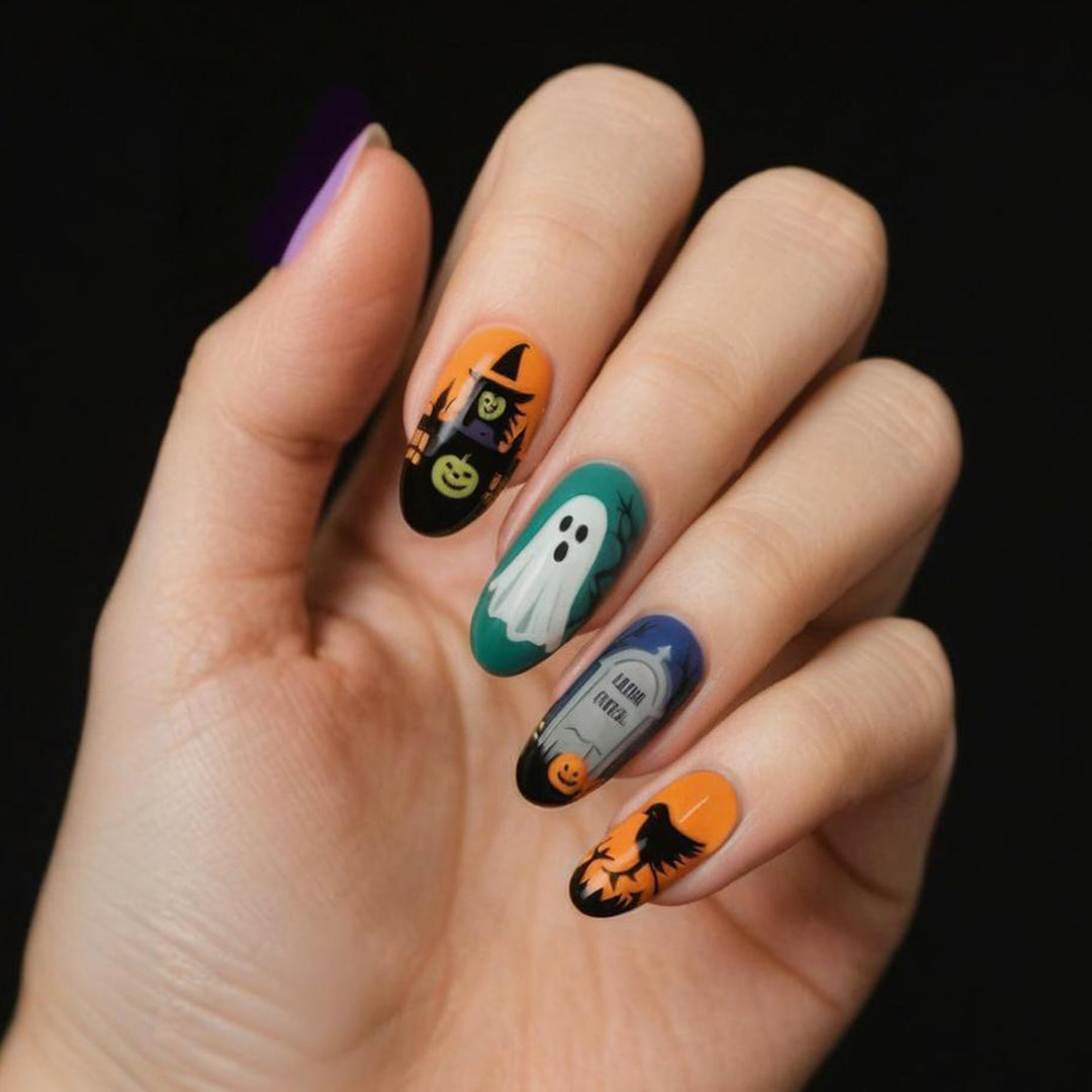 Halloween Artificial Nail Set with Spooky Ghost, Pumpkin, and Spider Pattern Kalsten