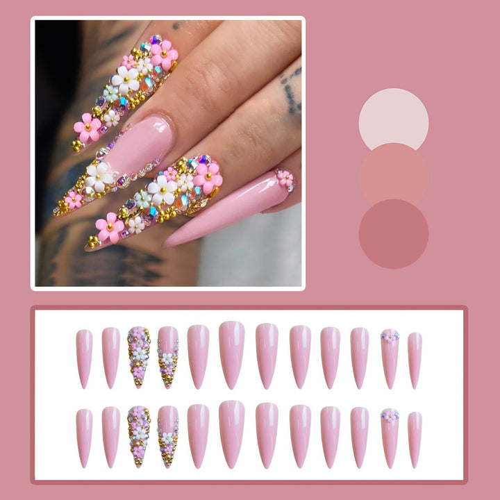 Artificial nail set with floral 3D decorations and glitter Kalsten