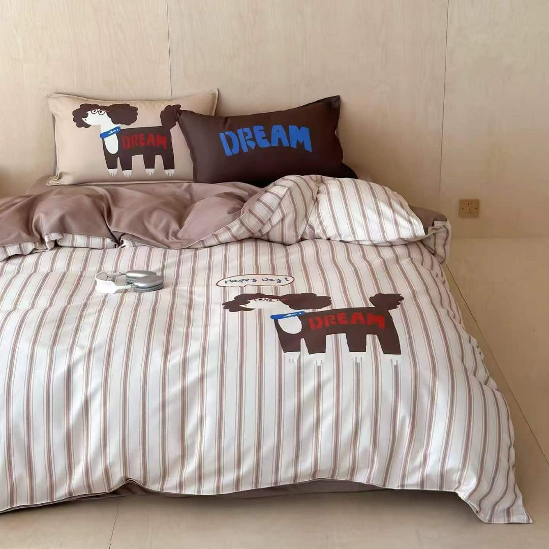 Bedding set made of cotton satin with embroidered bow motif and fine decorative piping