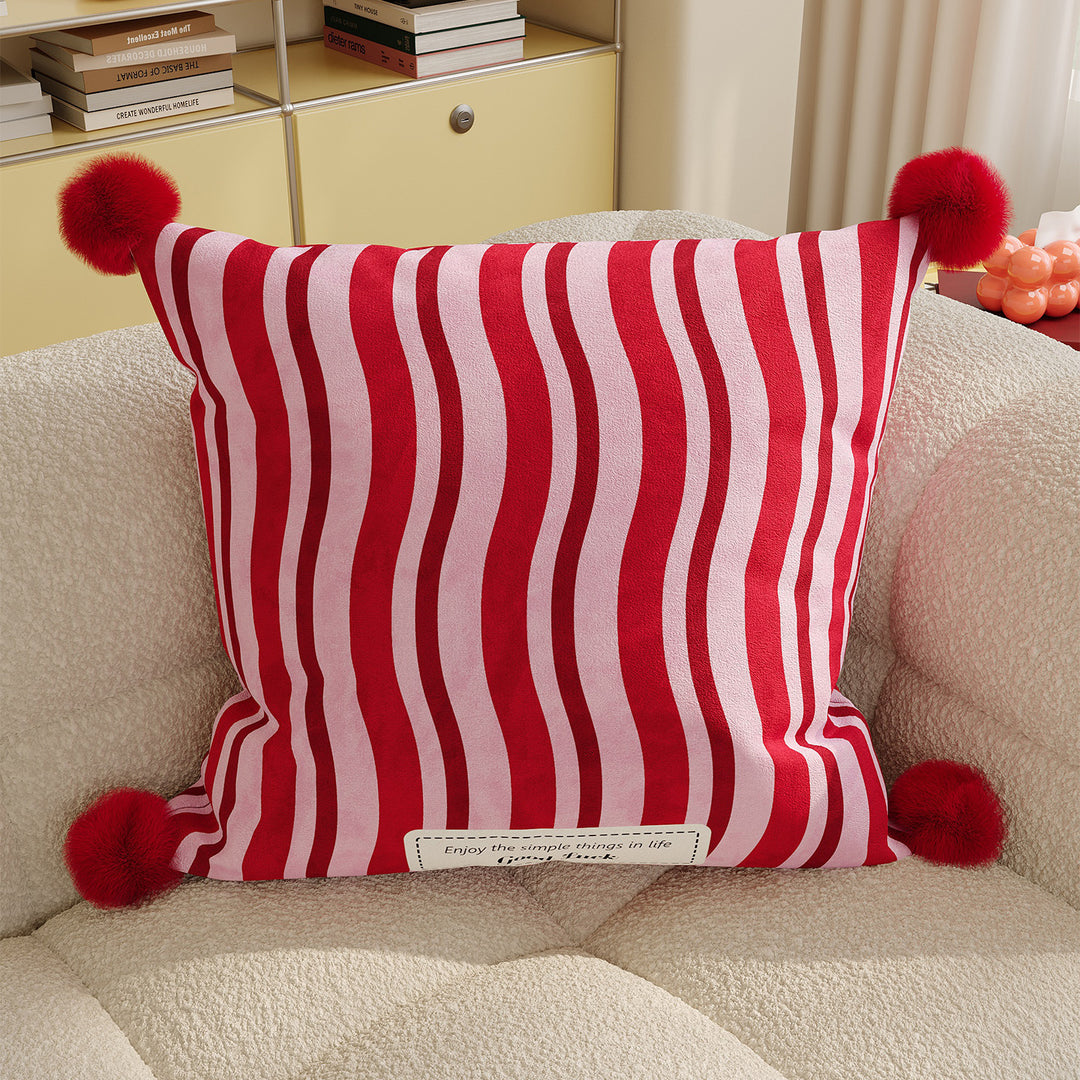 Polka Dot Bouclé Cushion Cover with Faux-Fur Pom-Pom Corners and Gift Bow Motif