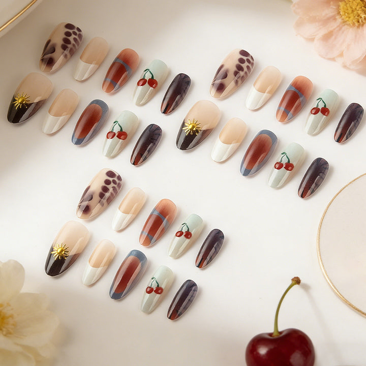 Artistic Press-On Nail Set with Floral and Geometric Patterns Kalsten