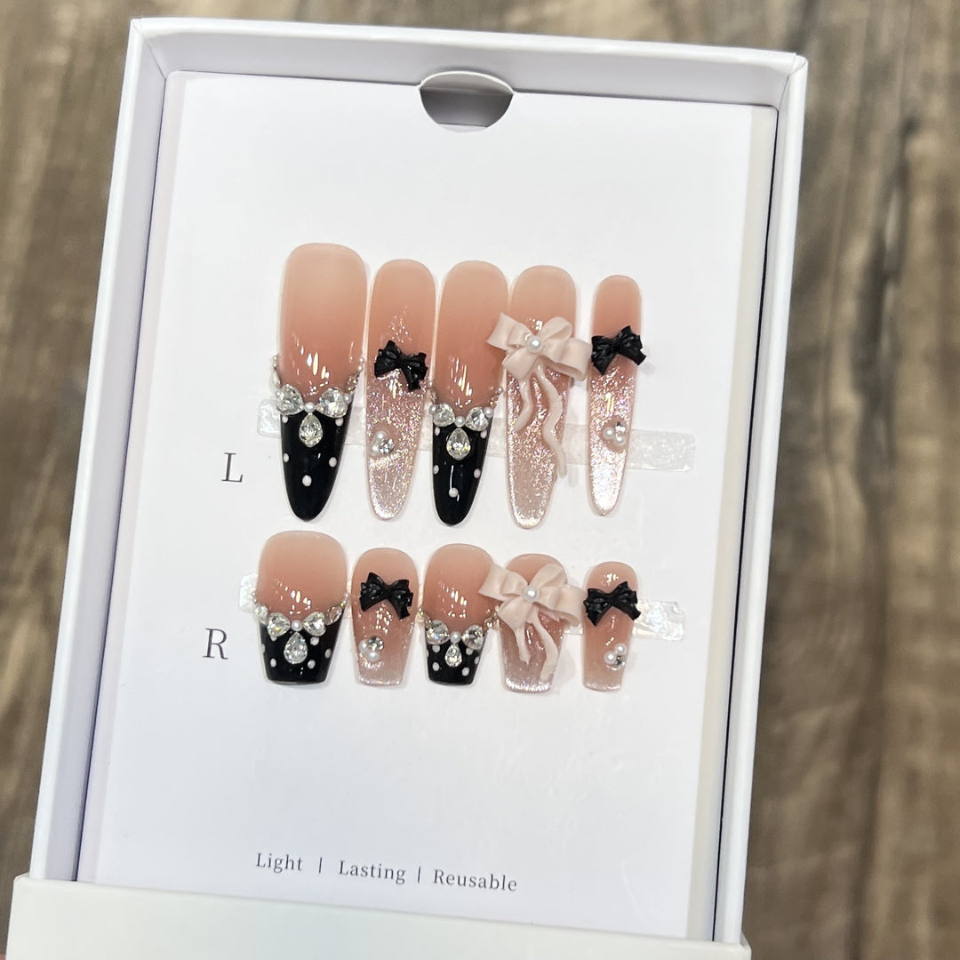 Glamorous Stiletto Press-On Nail Set with Decorative Bow and Gemstone Accents Kalsten