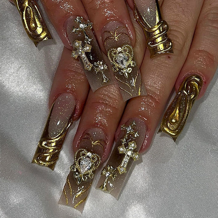 Decorative Press-On Nail Set with Gold Accents kalsten