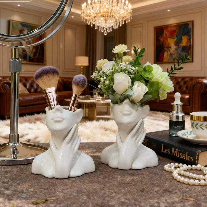 Sculptural Ceramic Face Vase And Makeup Brush Holder Set