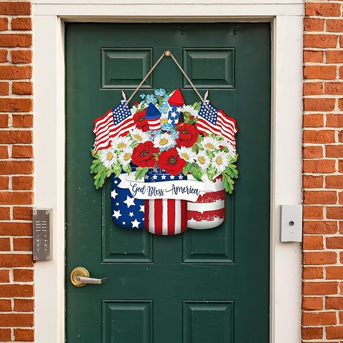 Unisex nan patriotic layered wooden door hanger with American flag buckets and floral bouquet Kalsten