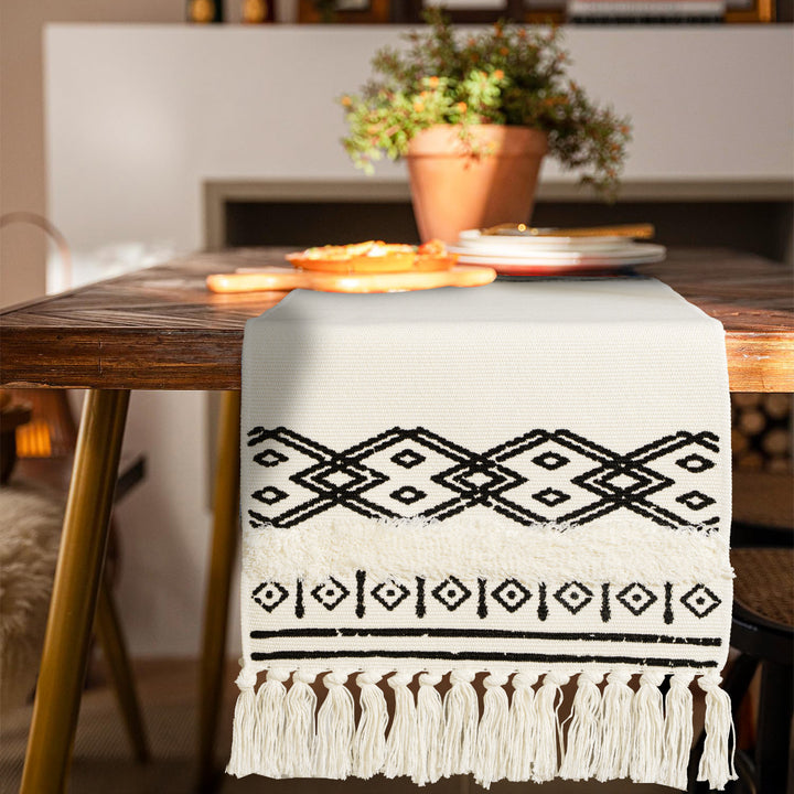 Boho table runner made of cotton blend with woven ethnic jacquard and decorative fringes Kalsten