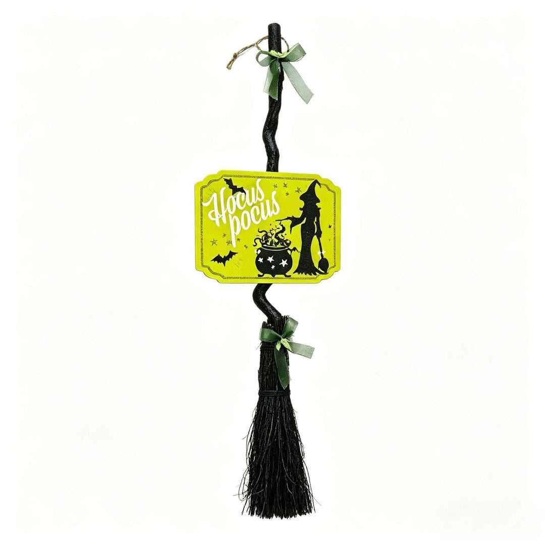 Hanging Halloween Decor Broomstick Pendant with Twisted Handle and 'Hocus Pocus' Sign