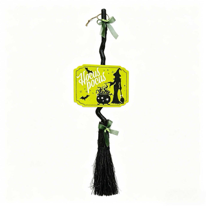 Hanging Halloween Decor Broomstick Pendant with Twisted Handle and 'Hocus Pocus' Sign