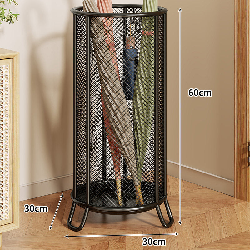 Cylindrical Perforated Metal Umbrella Stand with Raised Legs and Ventilated Mesh Body