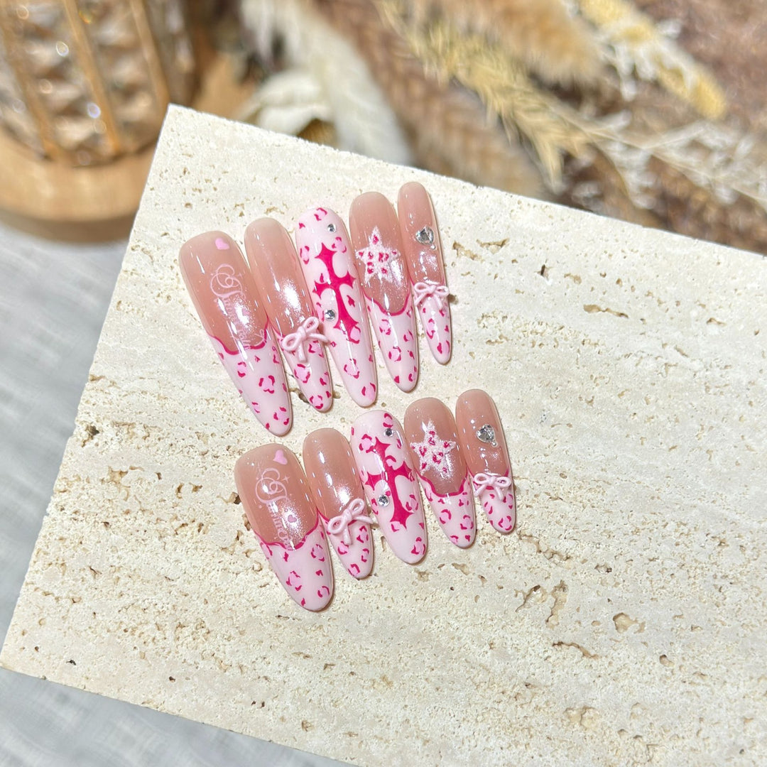 Artistic Stiletto Press-On Nail Set with Heart and Bow Design Kalsten