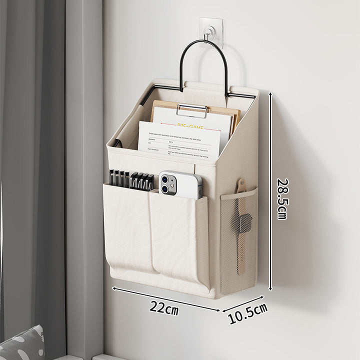 Wall-Mounted Canvas Pocket Organizer with Mesh Side Pouch and Metal Hook
