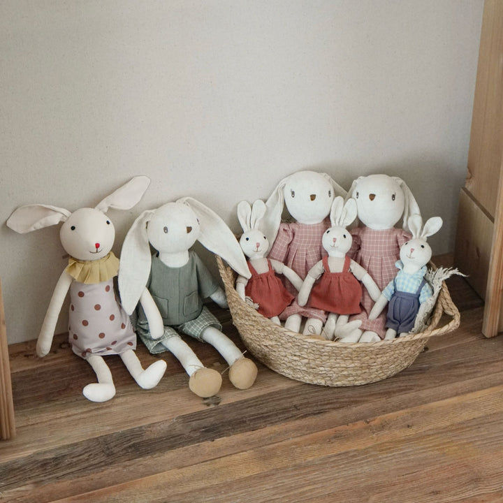 Soft Long‑Leg Linen Bunny Plush with Checkered Collar and Gathered Overalls