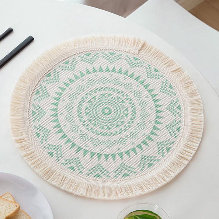 Round woven placemat with fringes and mandala jacquard structure Kalsten