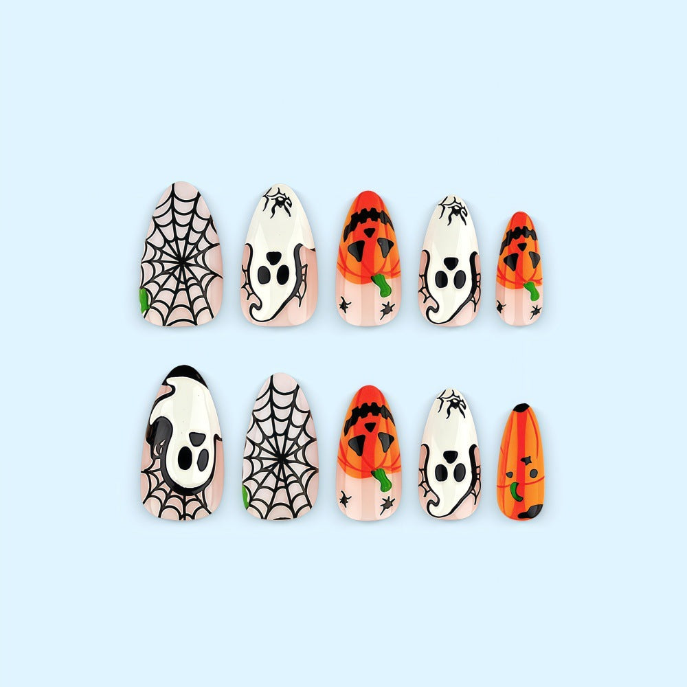 Halloween-themed artificial nails with spooky ghost and pumpkin design Kalsten