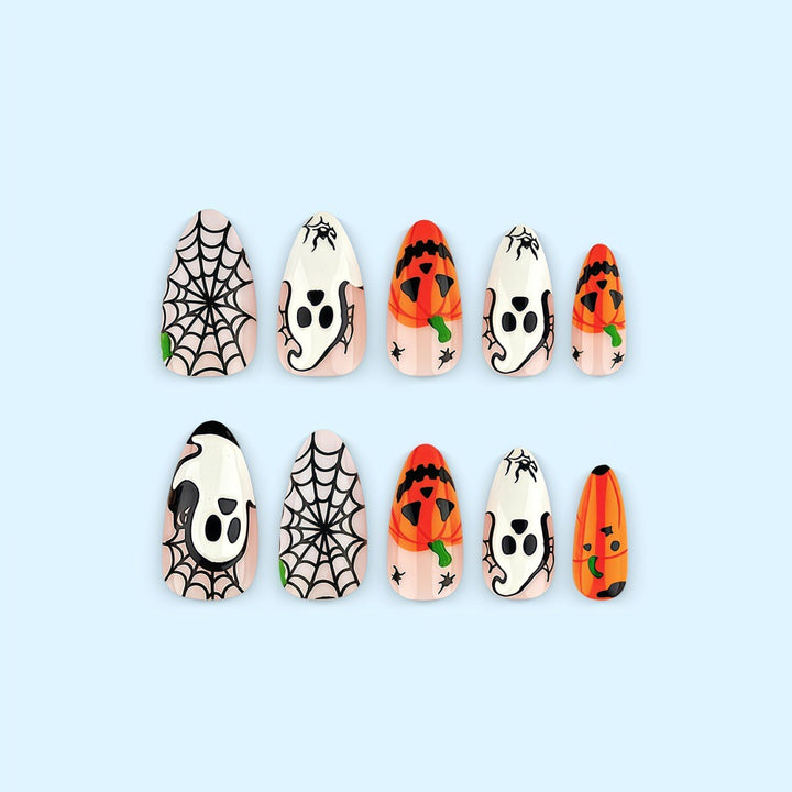 Halloween-themed artificial nails with spooky ghost and pumpkin design Kalsten