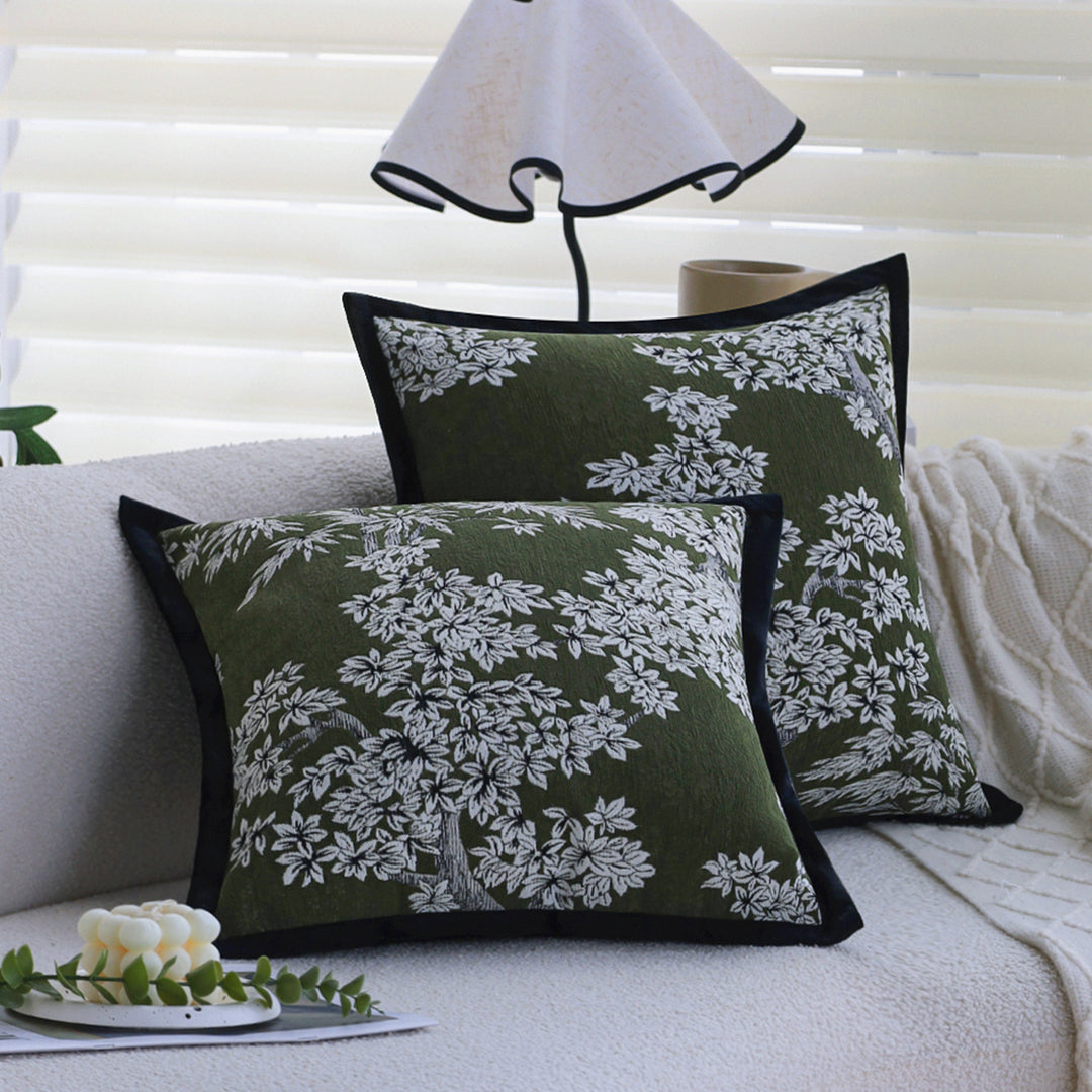 Square decorative cushion cover with embroidered floral jacquard and fine piping Kalsten